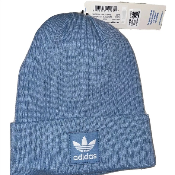 🎉HP🎉New! Adidas Originals Ribbed Trefoil Logo Womens Beanie OS Light Blue🌧🌊 - Picture 2 of 8